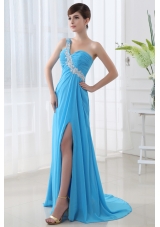 Empire High Slit Prom Dress with Ruchings and Beading One Shoulder Aqua Bue