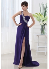 Empire Prom Dress with Ruchings and Beading One Shoulder High Spilt Purple