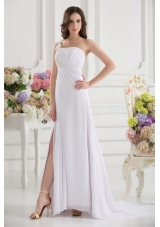 Empire White One Shoulder High Slit Brush Train Chiffon Prom Dress