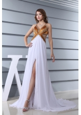 Empire White V-neck Beading Chiffon High Slit Brush Train Prom Dress