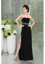 Strapless Empire Black Chiffon Belt Prom Dress with High Slit Ruchings