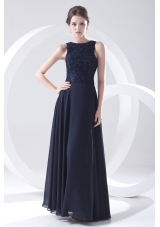 2014 Navy Blue Prom Dress with Lace Bateau Black Empire Chiffon