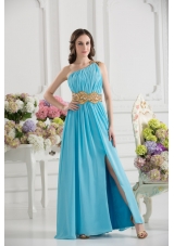 Aqua Blue Empire One Shoulder Floor-length High Slit Prom Dress