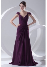 Empire Purple Ruching Straps Cap Sleeves Dresses for Prom