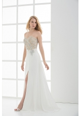 High Slit Sweetheart Beading and Ruching Floor-length Prom Dress