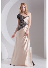 Column Champagne One Shoulder Beading Appliques Taffeta Prom Dress