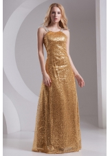 Column Straps Sequins Beading and Sequins Prom Dress in Gold