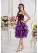 A-line Strapless Organza Beading Ruffled Layers Dark Viole Prom Dress