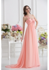 Peach Empire Brush Train Prom Dress with Ruching and Appliques