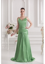 Column Spaghetti Straps Floor-length Ruching Taffeta Green Prom Dress