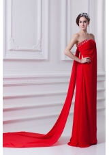 Empire Red Strapless Beading Chiffon Watteau Train Prom Dress