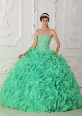 Turquoise Strapless Organza Designer Quinceanera Dress with Beading