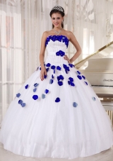 White Beading and Royal Blue Hand Made Flowers Dresses For a Quinceanera