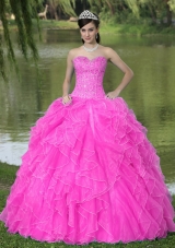 Hot Pink Skirt Beaded Decorate Quinceanera Dresses With Sweetheart