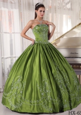 Olive Green Strapless Sweet Sixteen Dresses with Embroidery