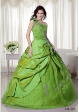 Cheap Puffy One Shoulder with Pick-ups and Appliques for 2014 Quinceanera Dress