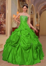 Classical Puffy Strapless with Pick-ups and Beading for 2014 Green Quinceanera Dress
