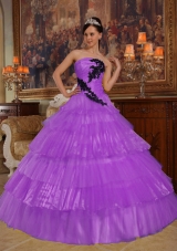 Purple Ball Gown Strapless Appliques Quinceneara Dresses with Ruffled Layers