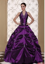 Halter Top Ball Gown Pick-ups Quinceanera Dress Embroidery With Beading