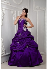 2014 Eggplant Purple Puffy Strapless with Pick-ups and Appliques Quinceanea Dress