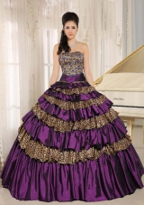 2014 Purple Leopard Ruffled Layers and Appliques With Beading Quinceanera Dress