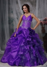 Discount Purple Puffy Straps with Ruffles and Beading for 2014 Quinceanera Dress