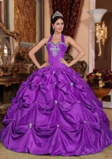 Purple Ball Gown Halter Top Taffeta Appliques Quinceaneras Dress