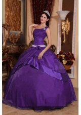 Purple Ball Gown One Shoulder Quinceanera Dress with Beading and Hand Made Flower