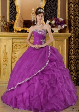 Purple Ball Gown Strapless Organza Appliques Quinceanera Dresses Gowns with Ruffles