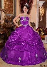 Purple Ball Gown Strapless Quinceanera Dress with Appliques and Pick-ups