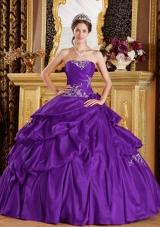 Purple Ball Gown Strapless Quinceanera Dress with Appliques and Pick-ups