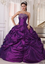 Purple Ball Gown Strapless Quinceanera Dress with Pick-ups and Embroidery