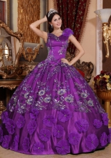 Perfect Purple Puffy V-neck with Beading and Appliques for 2014 Quinceanera Dress