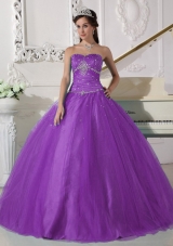 Petty Purple Puffy Strapless Beading and Ruching Quinceanera Dress for 2014