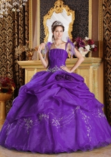 Purple Ball Gown Straps Quinceanera Dress with Pick-ups and Hand Made Flowers