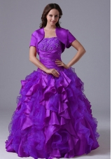 Purple Puffy Strapless with Appliques and Ruffles for 2014 Quinceanera Dress