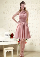 Halter Ruching and Handmade Flowers Empire Chiffon Prom Dresses