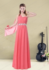 One Shoulder Beaded Long Prom Dress with Ruches