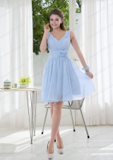 V Neck Chiffon Prom Dress with Ruching and Hand Made Flowers