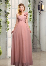 Empire Ruching One Shoulder Prom Dresses with Hand Made Flowers