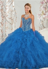 2015 Most Popular Beading and Ruffles Aqua Blue Quince Dresses