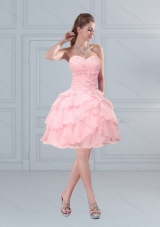 2015 Cute Baby Pink Sweetheart Beaded Prom Gown with Ruffled Layers