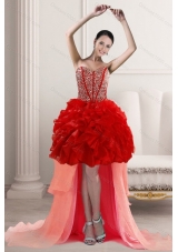 2015 Elegant High Low Prom Dresses with Beading and Ruffles