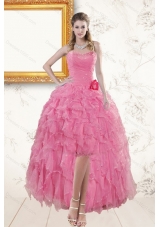 2015 Rose Pink Sweetheart Prom Dresses with Beading and Ruffles