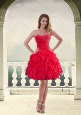 Ball Gown Strapless Red 2015 Prom Dresses with Ruffles and Beading