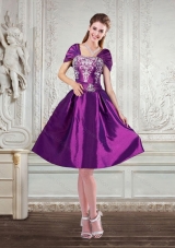 Fashionable Purple Strapless Embroidery and Beaded Prom Dresses with Cap Sleeves