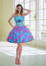 2015 Ball Gown Strapless Ruffled Short Prom Dresses with Hand Made Flower