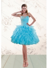 2015 Fashionable Baby Blue Beaded Short Prom Gown with  Ruffles