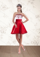 Cheap Strapless White And Wine Short Red Prom Dresses with Embroidery