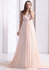 2015 Brush Train Long Prom Dresses with Beading and Ruching